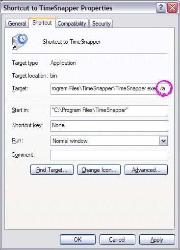 TimeSnapper ShortCut Properties, include /a parameter
